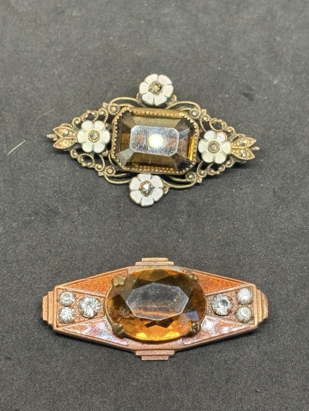 Vintage Czech / West Germany Filigree Floral Enamel Citrine Glass Paste Brooch 2